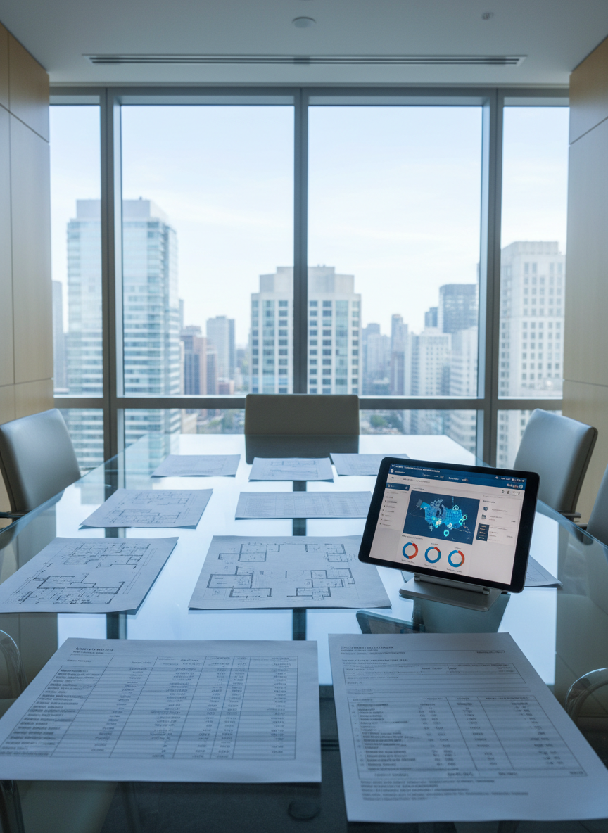 A dedicated property accounting scene in a modern corporate boardroom, without any people, showing a large rectangular glass table with a detailed printed property portfolio spread out: floor plans, rent roll statements, and maintenance cost summaries. Beside them sits a brushed aluminum tablet stand holding a tablet screen with a multi-property dashboard and map markers across Canadian cities. In the background, large floor-to-ceiling windows reveal a softly blurred skyline of mid-rise office and residential buildings. Cool, natural afternoon light floods the room, creating crisp reflections on the glass table and subtle highlights on the documents. Captured from a slightly elevated angle with moderate depth of field, the photographic, clean aesthetic communicates scale, professionalism, and the structured nature of property accounting.