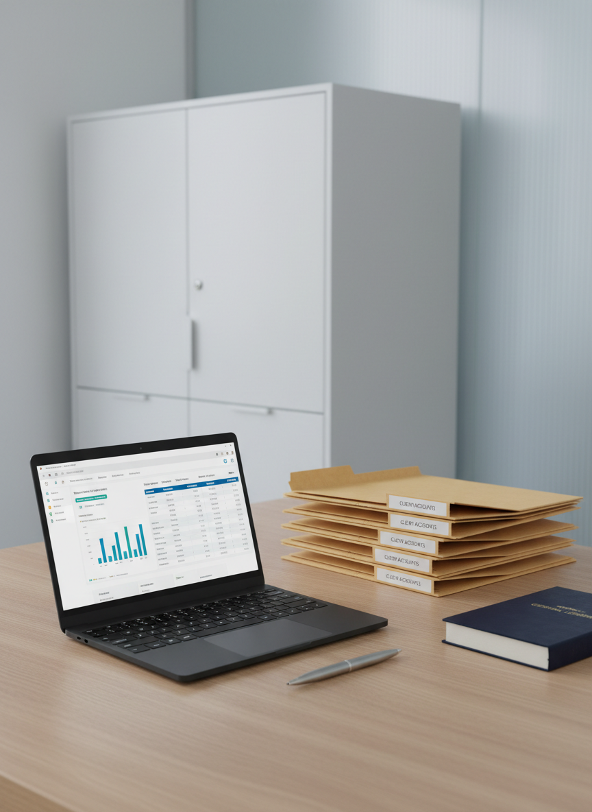 A meticulously organized modern accounting workspace without any people, featuring a sleek matte-black laptop displaying a clean financial dashboard with bar charts and balance sheets. The laptop rests on a light oak desk with neatly stacked manila folders, a closed navy-blue ledger book, and a stainless-steel pen aligned parallel to the keyboard. In the background, tall white filing cabinets and a frosted-glass partition create a structured corporate environment. Soft daylight from an unseen window washes the scene in cool, even illumination, casting gentle, orderly shadows. Shot at eye level with a slight three-quarter angle, the composition uses the rule of thirds and sharp focus throughout, creating a photographic realism that feels professional, calm, and trustworthy, ideal for a corporate accounting services homepage.