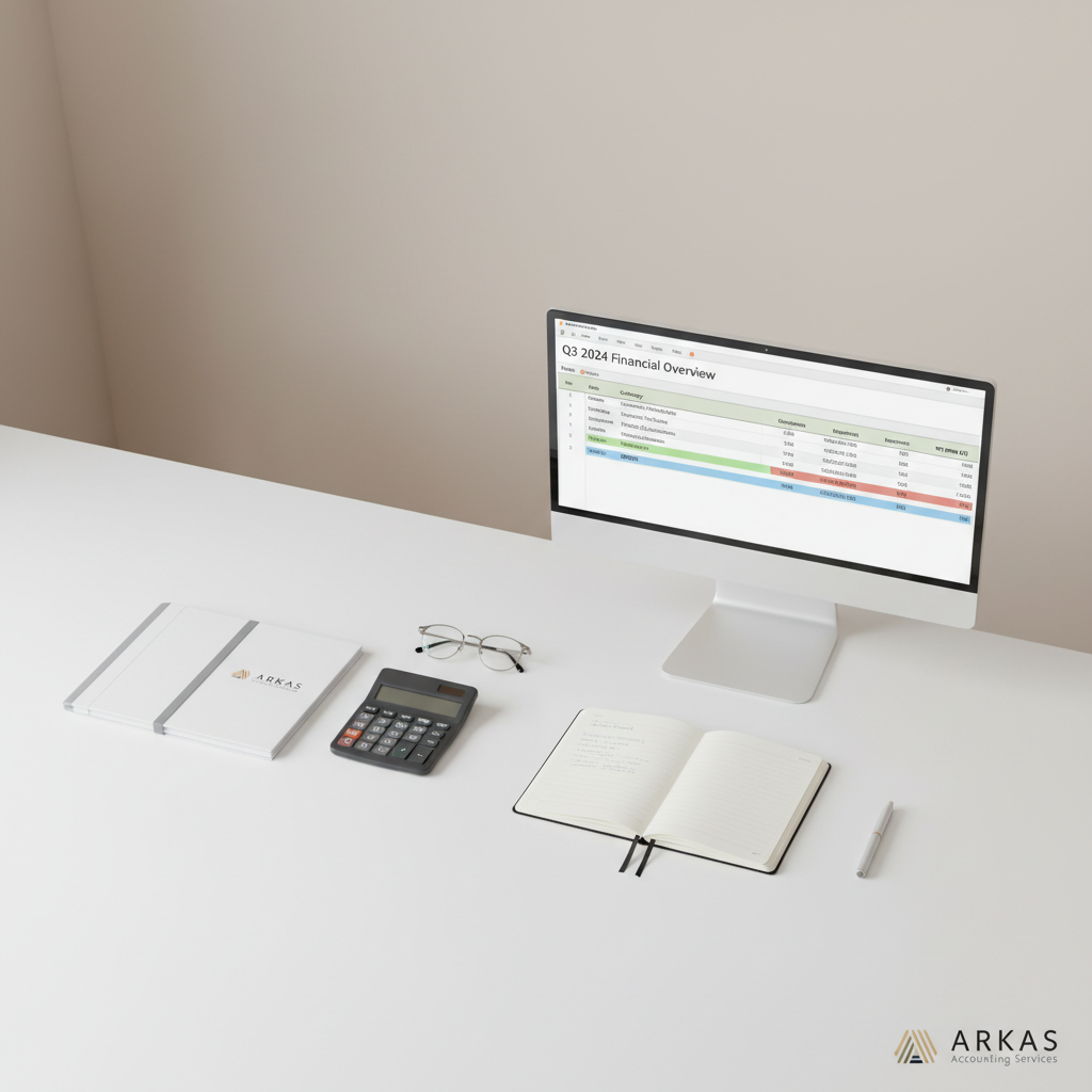 An overhead view of a pristine white desk arranged for bookkeeping, with a grey calculator, neatly bound financial reports, and a pair of silver-framed reading glasses folded beside a lined notebook, all carefully aligned. Next to them, a minimalist monitor displays a clean spreadsheet of income and expenses with clearly highlighted totals and categories. The background shows a subtle gradient wall in soft taupe, emphasizing the neutral corporate palette. Diffused daylight from above creates almost shadowless, even lighting, enhancing the sense of clarity and order. The composition is a tidy flat lay with strong geometric lines and balanced negative space, captured in photographic realism to convey precision, transparency, and the organized nature of ARKAS accounting services.
